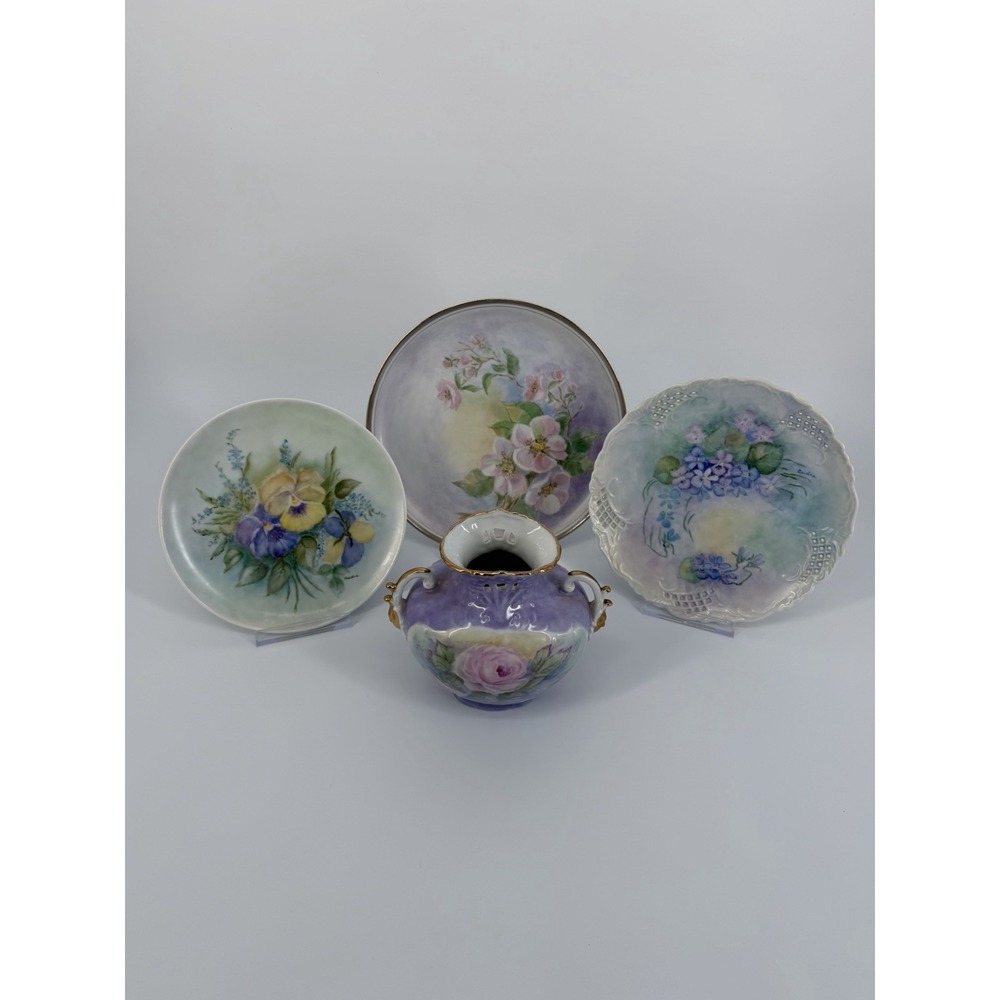 Vintage Hand Painted Porcelain Lot Signed Audra Plates Vase Thimble